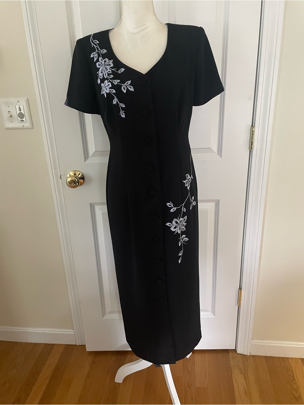 Dress Barn Black Maxi Dress with lavendar Floral Embroidery